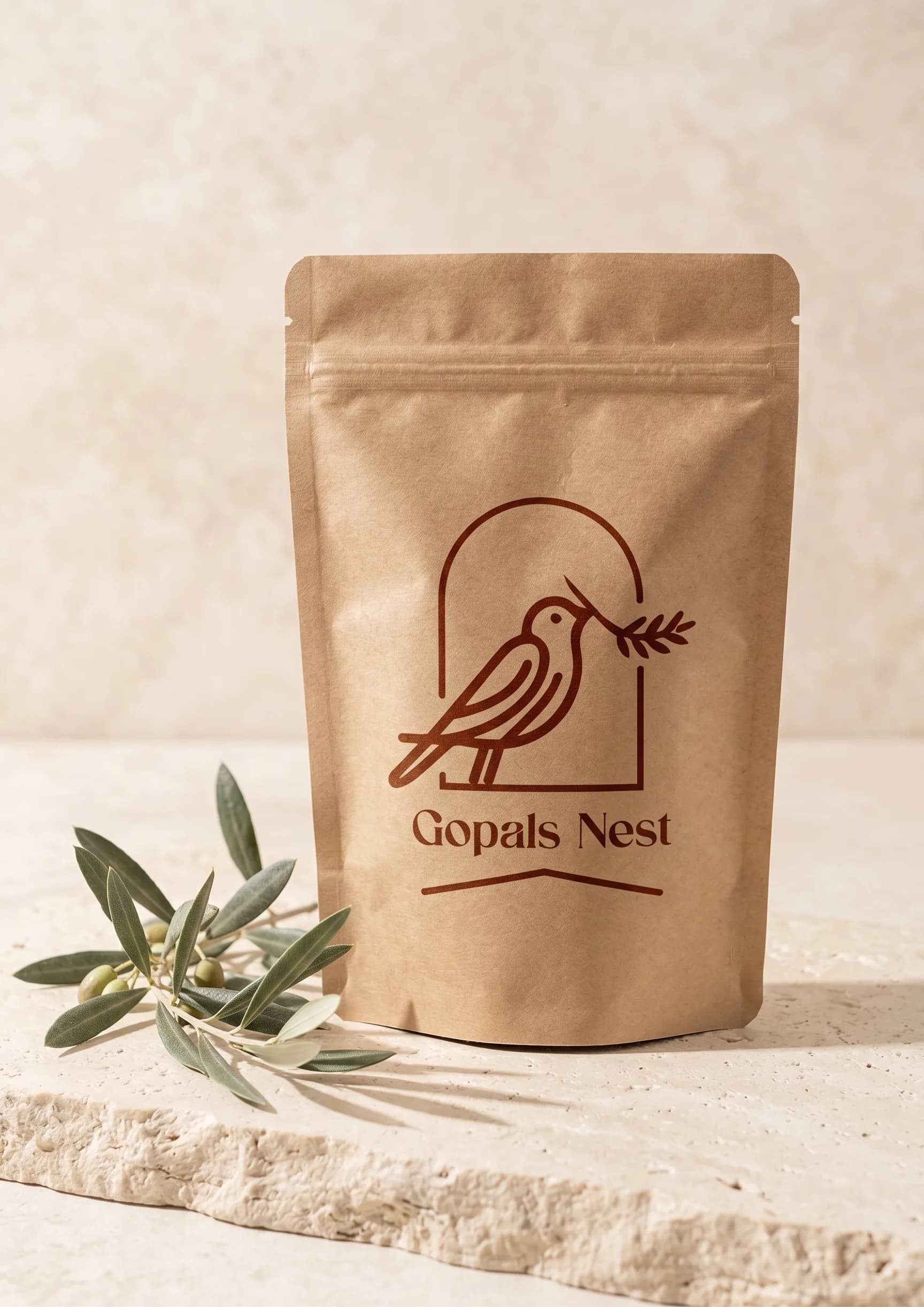 Gopal's Nest kraft pouch packaging with brand mark