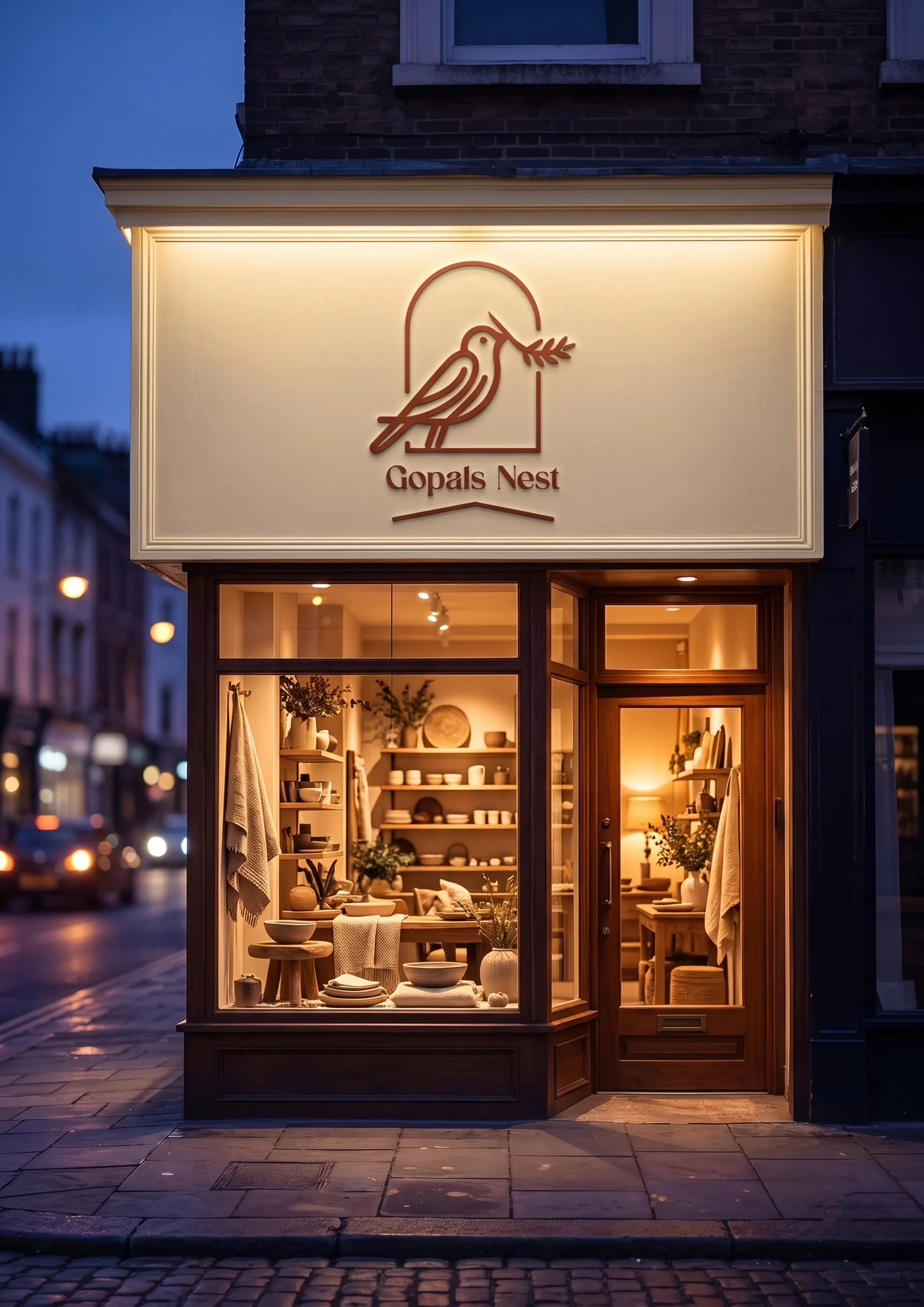 Gopal's Nest storefront signboard mockup with arch logo and warm palette