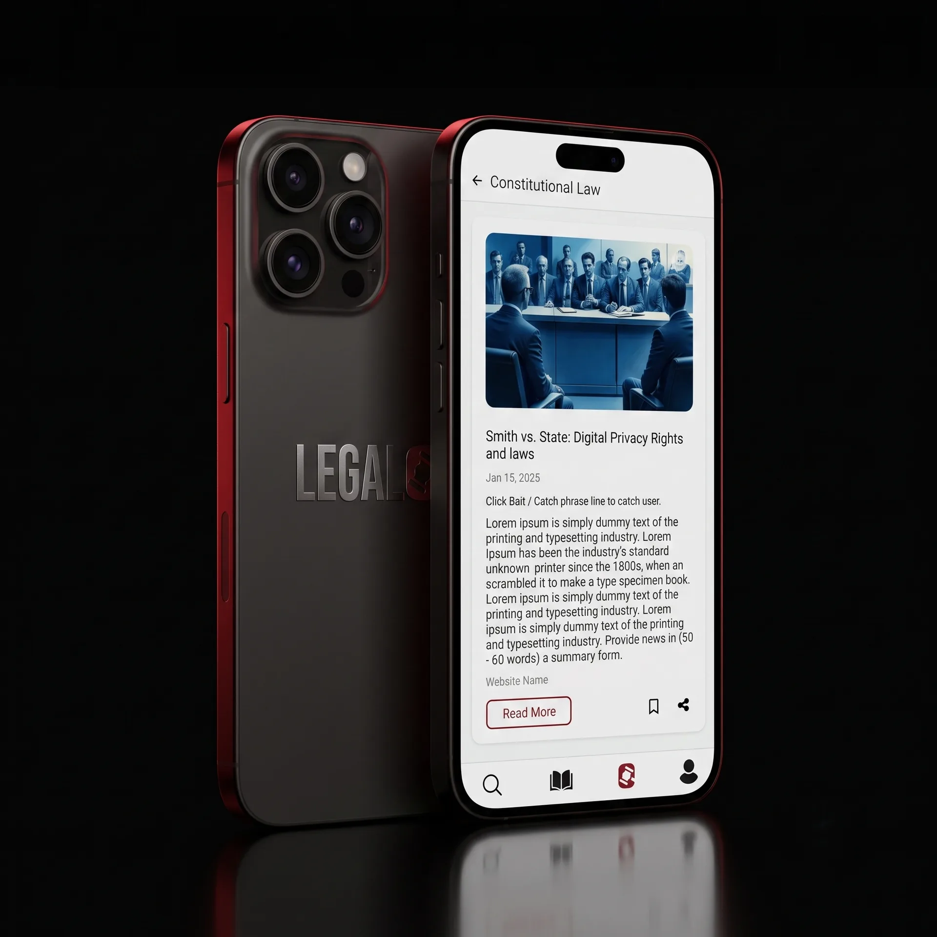 Legalo app floating phone mockup showing legal news feed