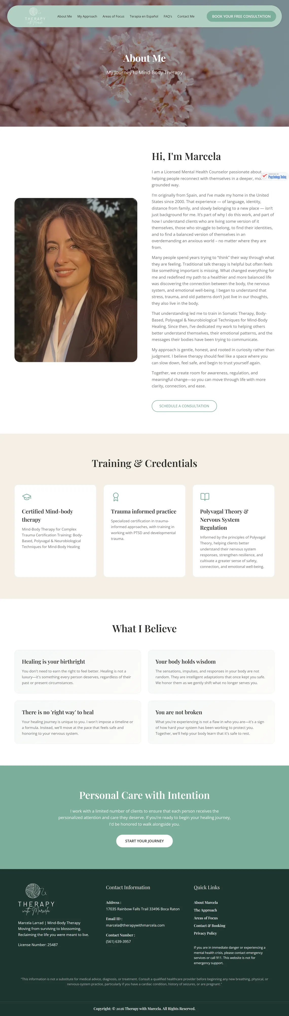 Therapy with Marcela about page with credentials and story